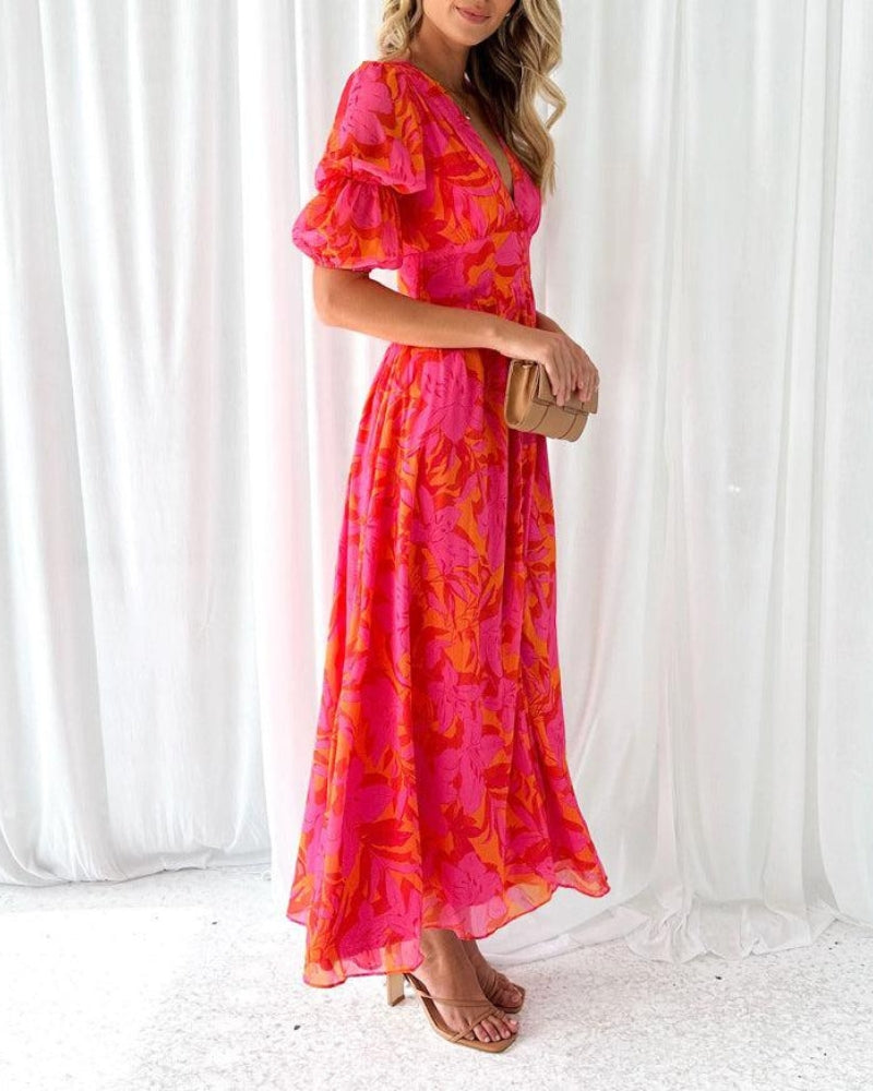 Van Laar® | Elegante V-hals Maxi jurk met pofmouwen