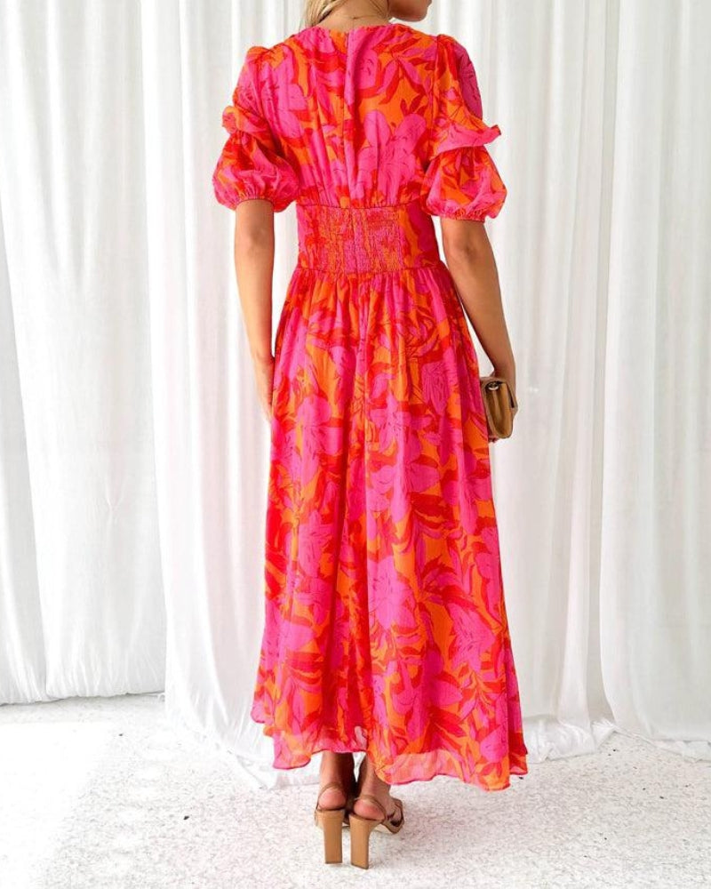 Van Laar® | Elegante V-hals Maxi jurk met pofmouwen