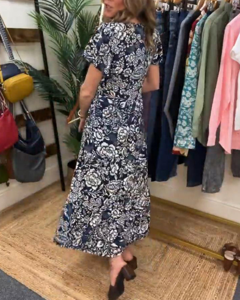Van Laar® | Lange jurk met korte mouwen en bloemenprint