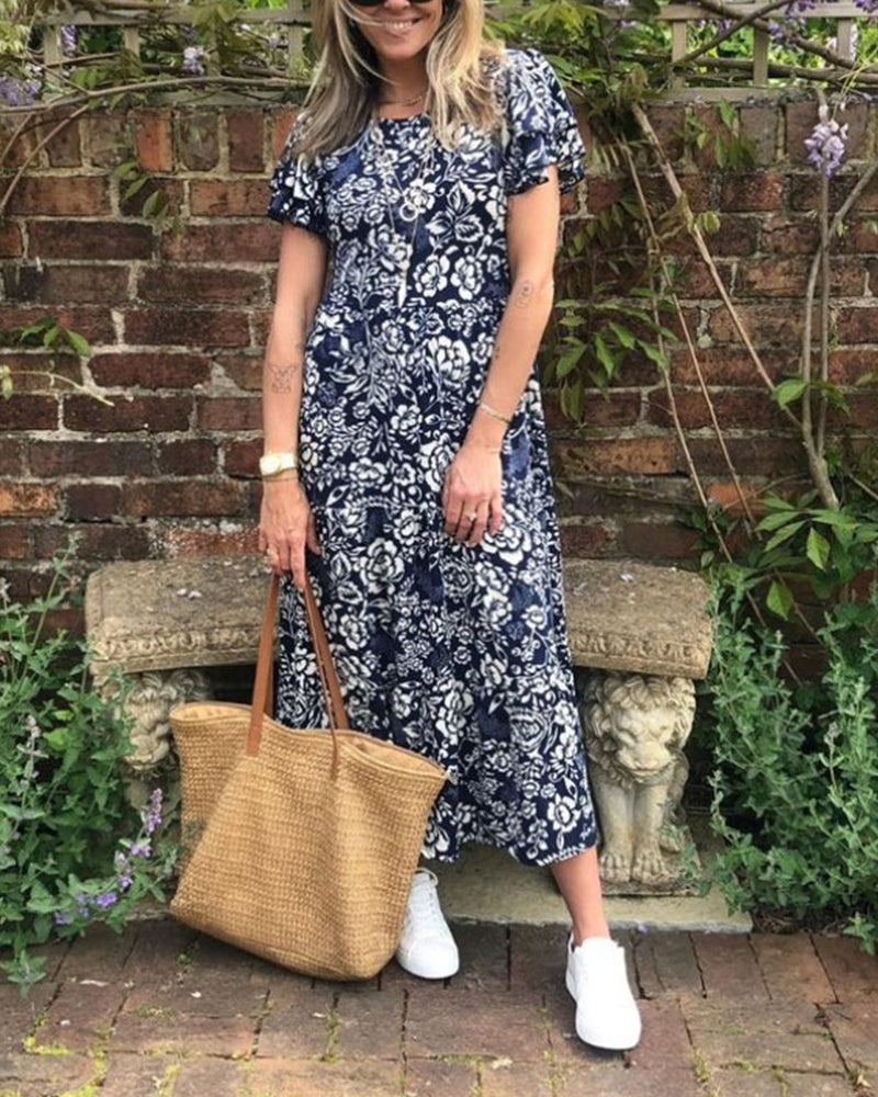 Van Laar® | Lange jurk met korte mouwen en bloemenprint